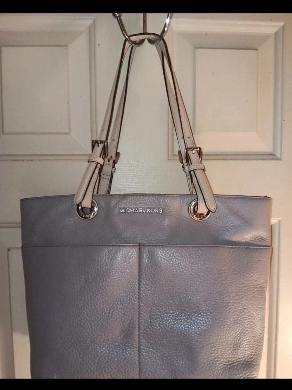 Michael Kors Grey Leather Tote Bag with Cream Straps